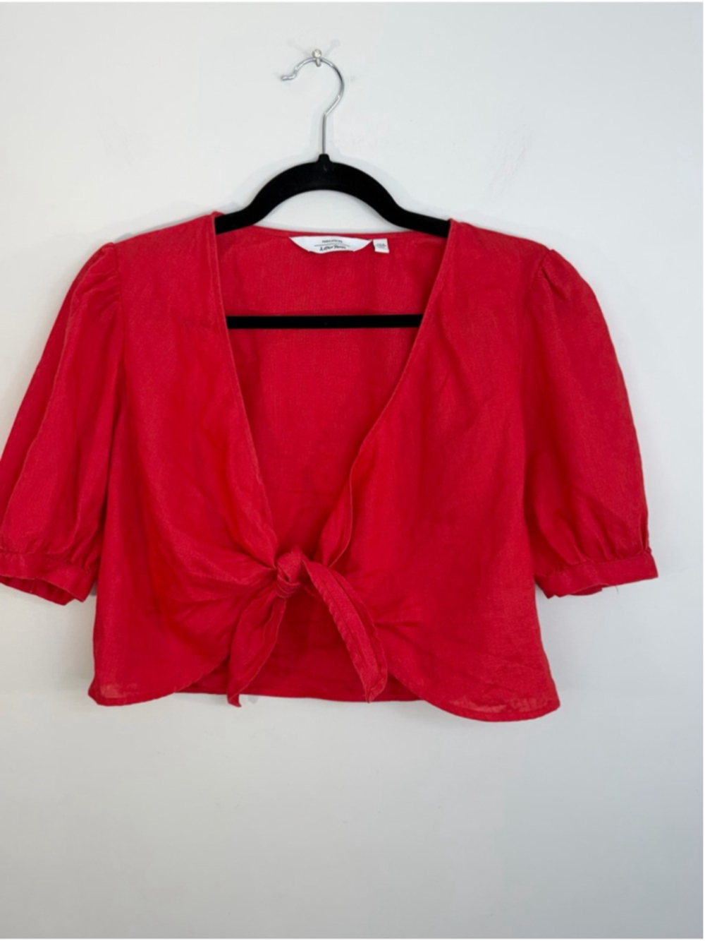 & Other Stories pure linen red cropped tie front knot puff sleeve top EU 38 - Picture 6 of 17